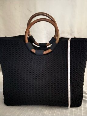 Sam Edelman Circus Black Macrame Tote Bag with Wood Ring Handles
